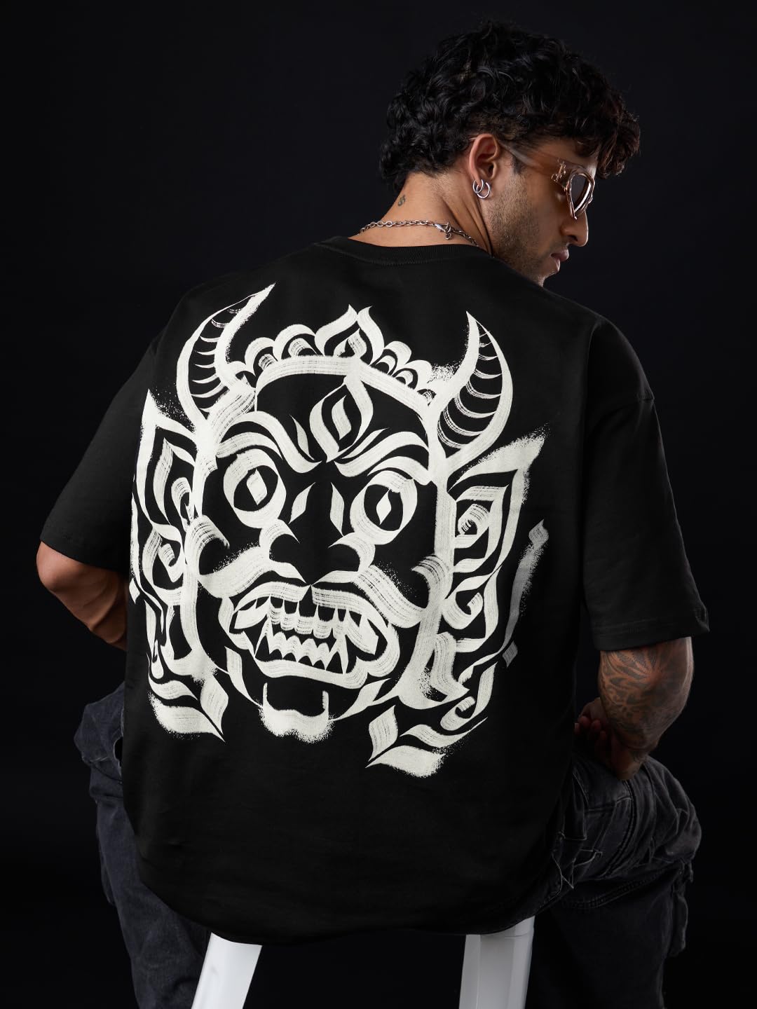 The Souled Store Asura Bomma Men and Boys Short Sleeves Round Neck Black Graphic Printed Cotton Breathable Lightweight All-Seaso