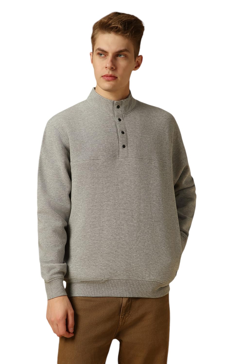 Dennis Lingo Men Grey Solid Relaxed Fit Full Sleeve Mock Collar Sweatshirt