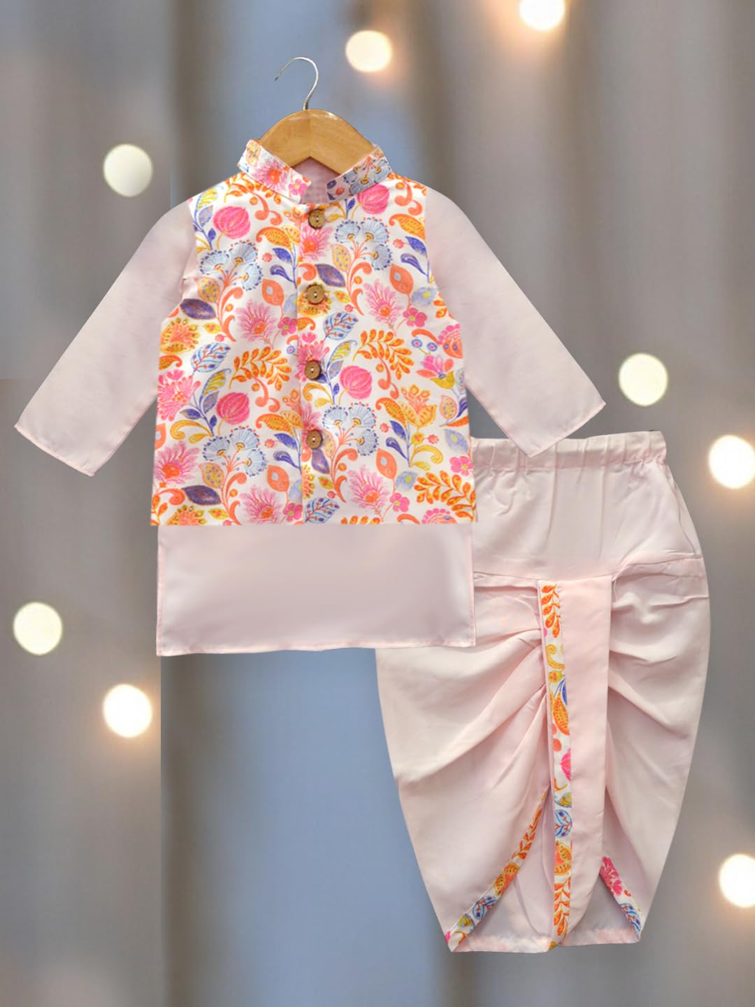 A.T.U.N. (All Things Uber Nice) Boys Pink Kurta Dhoti With Multi Floral Printed Nehru Jacket (3 Piece Set)