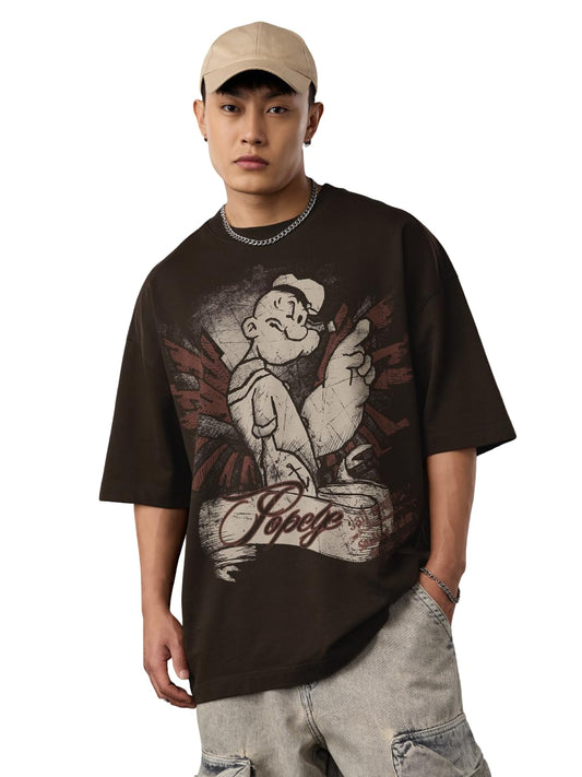 The Souled Store Popeye: Wings Men and Boys Short Sleeves Round Neck Brown Graphic Printed Cotton Oversized Heavy Gauge Fabric D