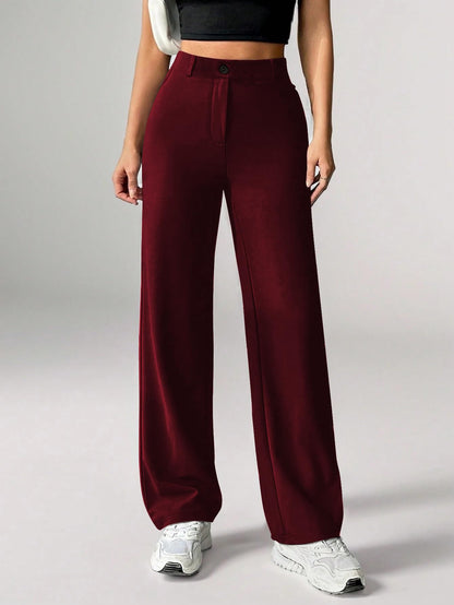 Toochki Straight Pants Trousers for Women with High Waist, Formal Pant for Women Office Wear with Wide Waistband Wine