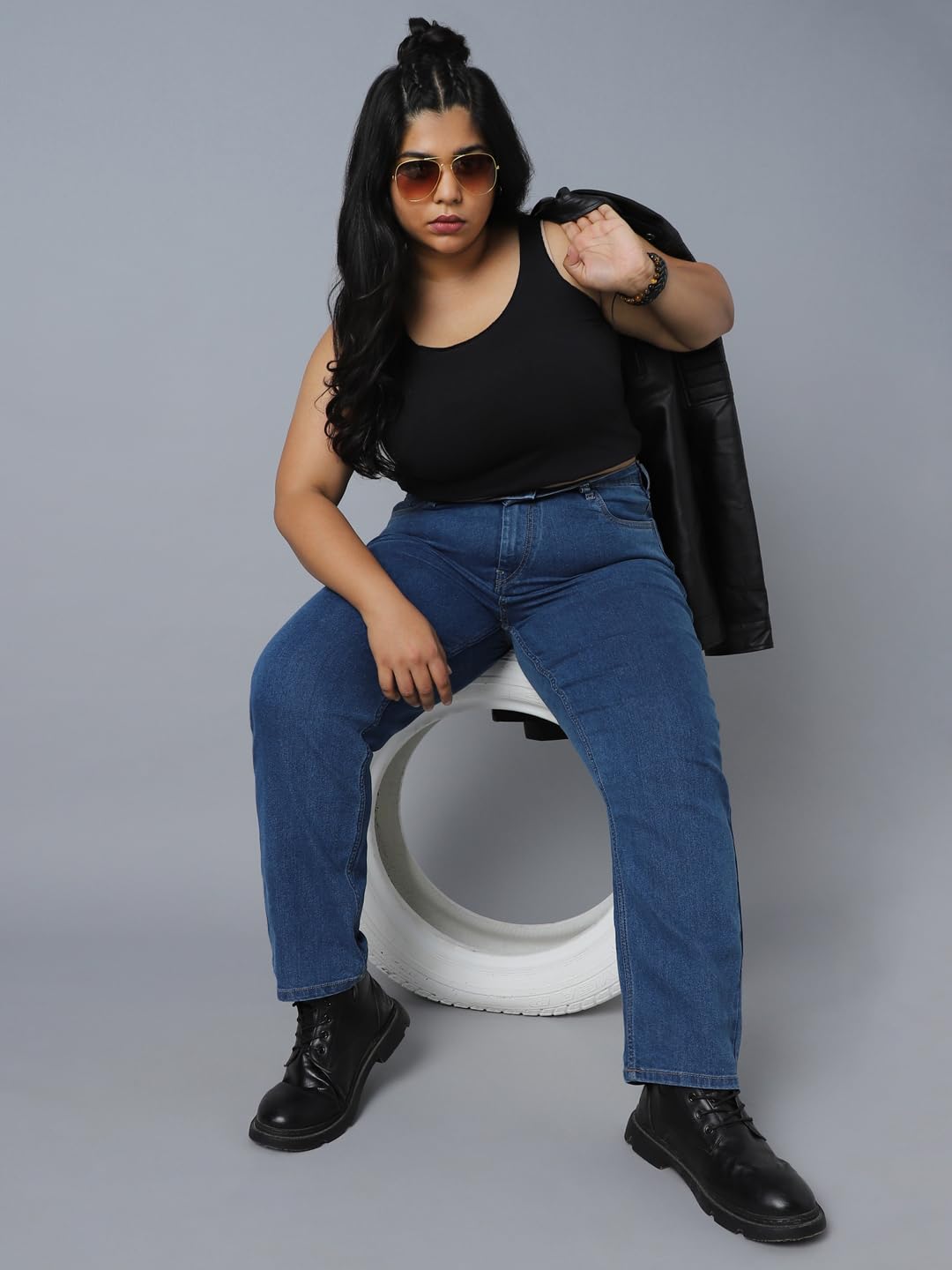 High Star Women Plus Size Straight Fit High-Rise Stretchable Jeans