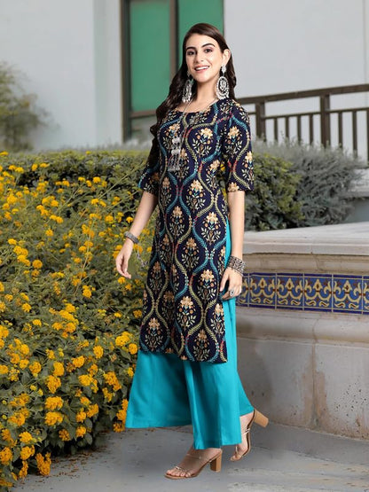 Pinkmint Elegant Printed Crepe KurtiS For WomenS Ll Fashionable Kurti Ll Straight Round Neck Kurti (Pack Of 1) Navy Blue