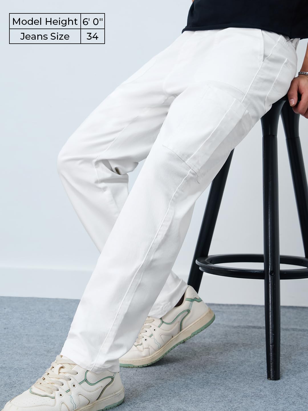 The Souled Store Mens Cargo Jeans: White Men and Boys Buttoned Solid Cotton Blend Straight Fit Cargo Jeans