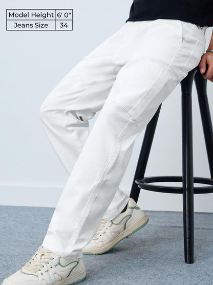 The Souled Store Mens Cargo Jeans: White Men and Boys Buttoned Solid Cotton Blend Straight Fit Cargo Jeans