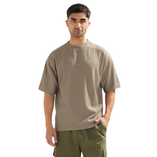 Nobero MenS Self Design Oversized Fit T-Shirt (1M-Twts-R0104_Beige