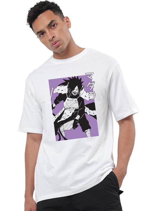 Bewakoof Mens White Madara Graphic Printed Oversized Half Sleeve Crew Neck Cotton T-Shirt