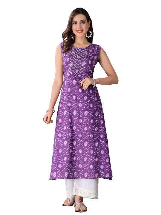Stylum Women's Bandhej Printed Cotton Flared Kurta (PURPLESANVI_Purple)