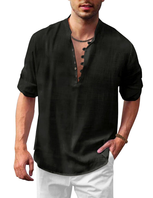 Finivo Fashion MenS Solid Cotton Blend Straight Kurta Shirt, Regular Fit Full Sleeve Short Kurta Shirt Black