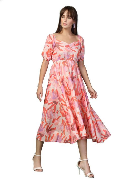 Oomph! Flared Dress For Women Stylish | Long One Piece For Women | Puff Sleeve Long Dress | Floral Print Maxi One Piece | Wester