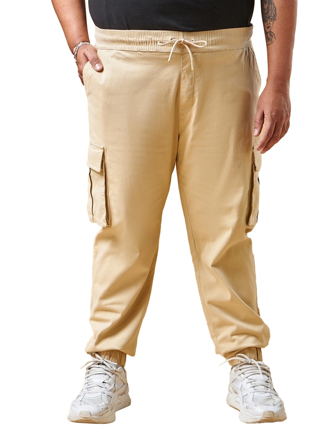 Bewakoof Mens Solid Oversized Fit Cotton Blend Plus Size Cargo Joggers_620445_Beige_40