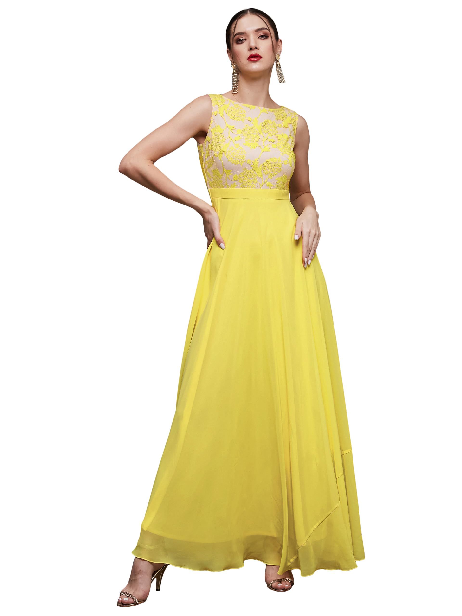 Miss Chase WomenS Round Neck Sleeveless Georgette Floral Lace Fit & Flare Maxi Dress Light Yellow