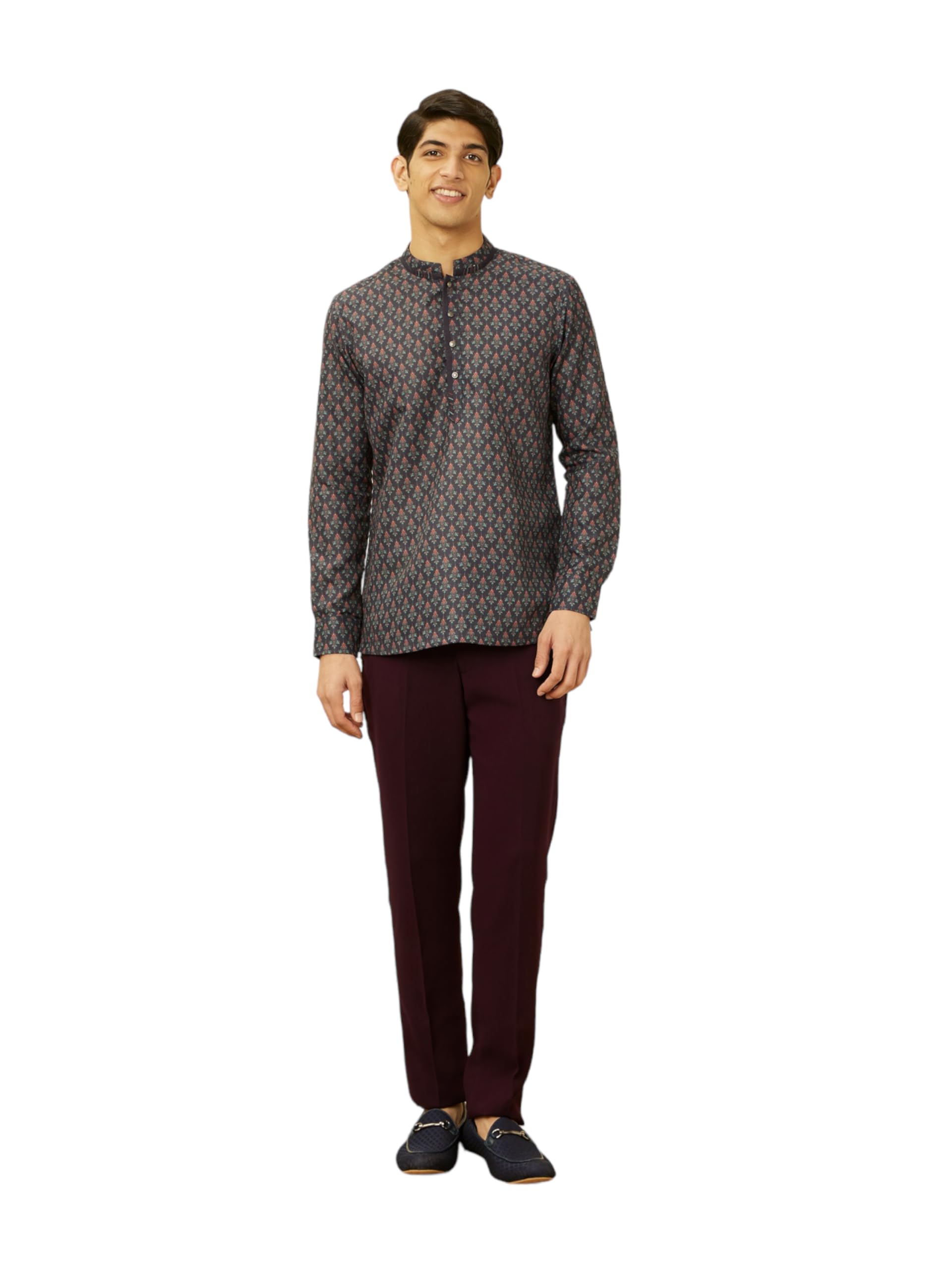Manyavar Mens Blue Art Silk Short Kurta