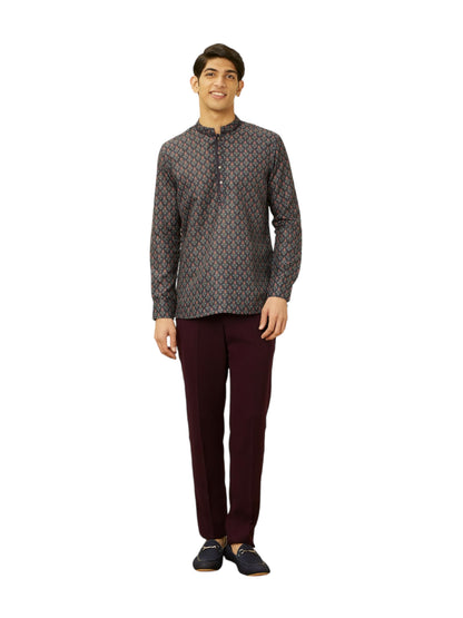 Manyavar Mens Blue Art Silk Short Kurta
