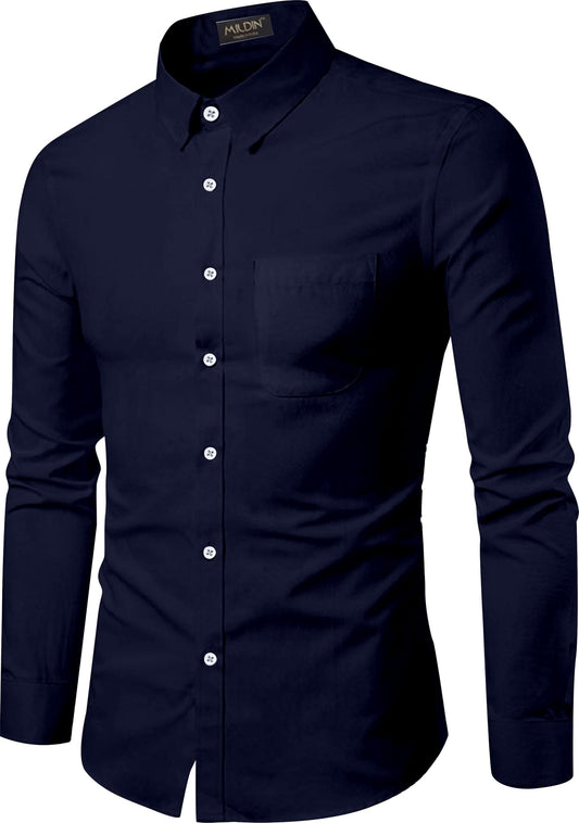 Mildin MenS Regular Cotton Blend Dark Blue Slim Fit Solid Button Down Spread Collar Full Sleeve Curved Hemline Formal Shirt Wit