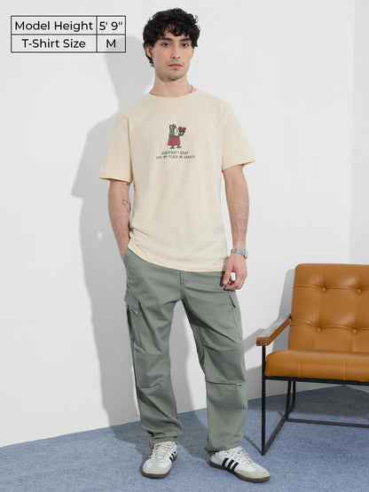 The Souled Store Graphic T-Shirt: Place in Heaven Men and Boys Short Sleeves Round Neck Light Beige Graphic Printed Cotton Relax