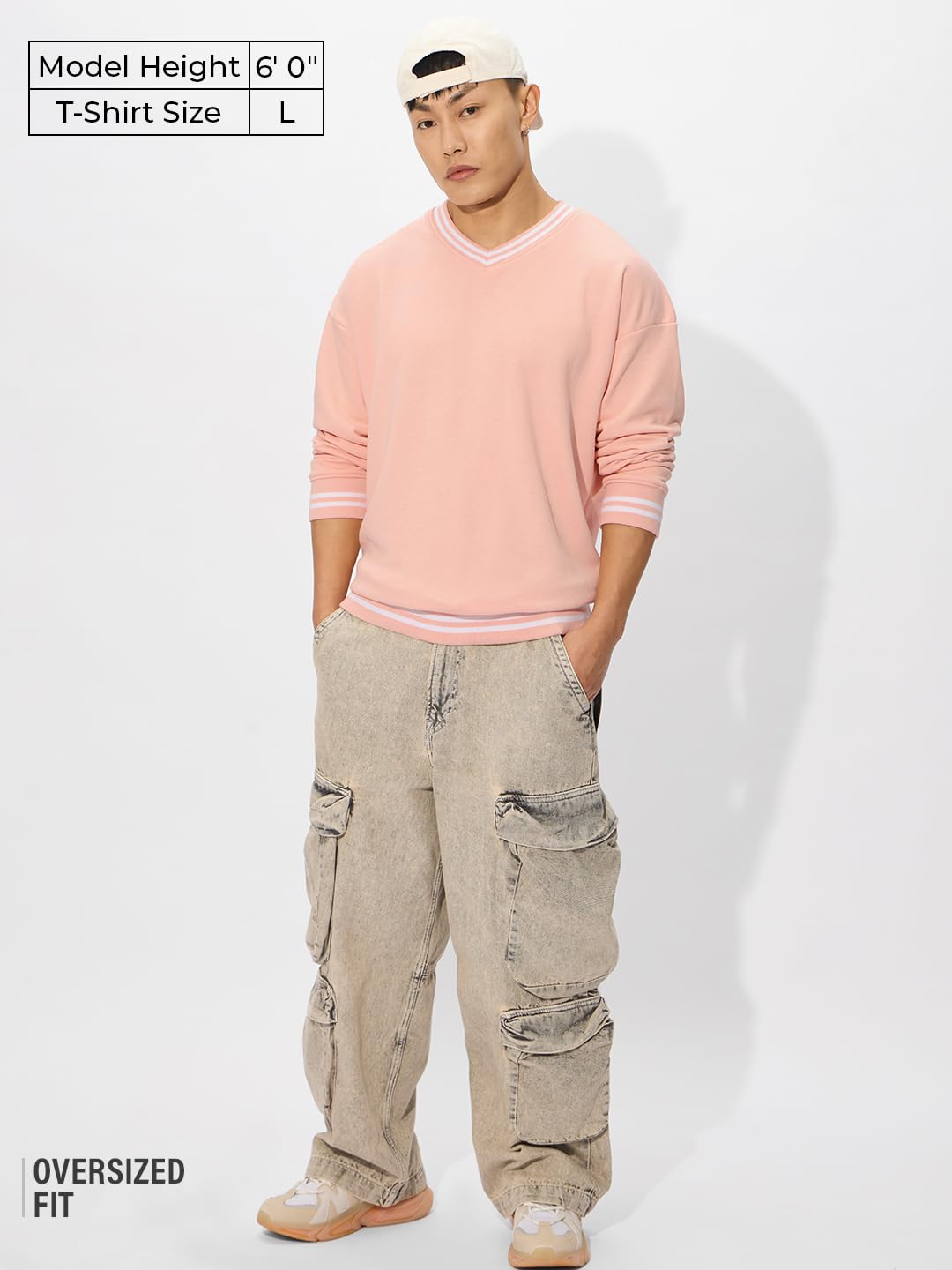 The Souled Store Nude Pink Men and Boys Long Sleeves Round Neck Cotton Blend Oversized Sweatshirts
