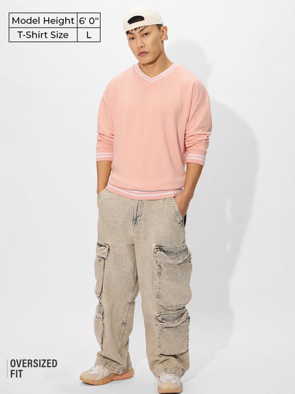 The Souled Store Nude Pink Men and Boys Long Sleeves Round Neck Cotton Blend Oversized Sweatshirts