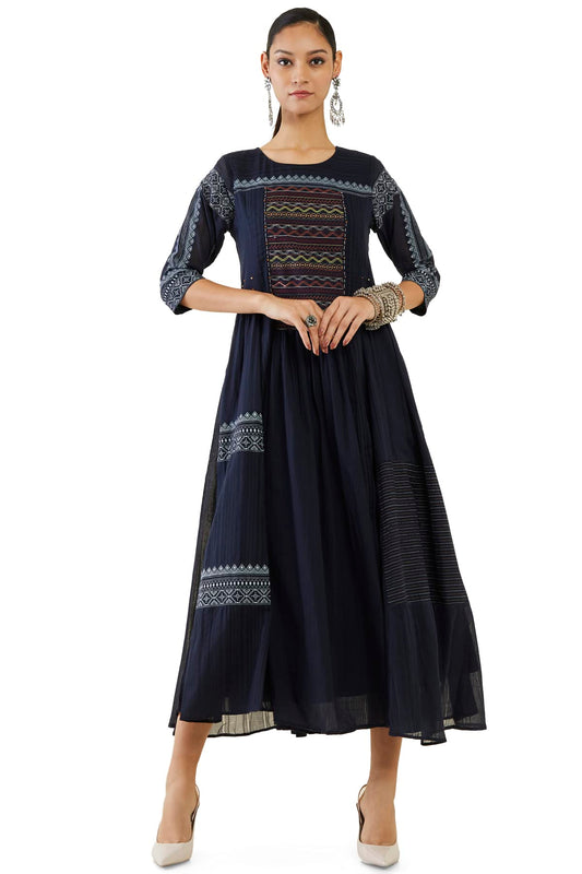 Soch Women Navy Blue Cotton Embroidery Dress Kurta