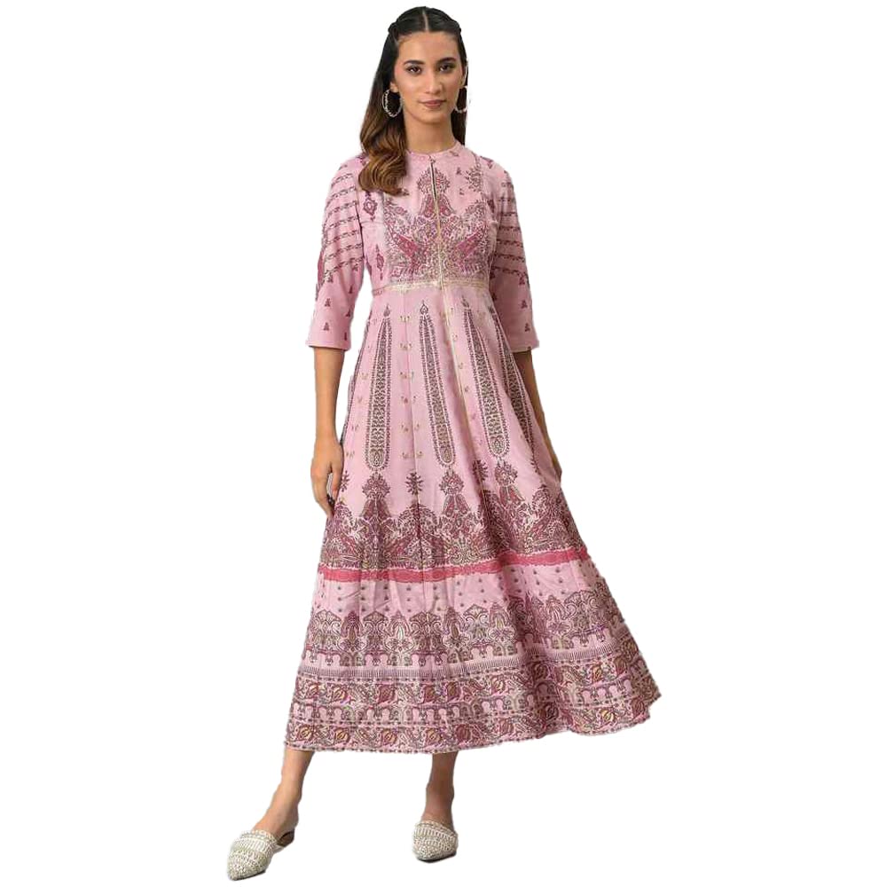 W For Woman Light Pink Floral Printed Foil Sequin A-Line Synthetic Dress