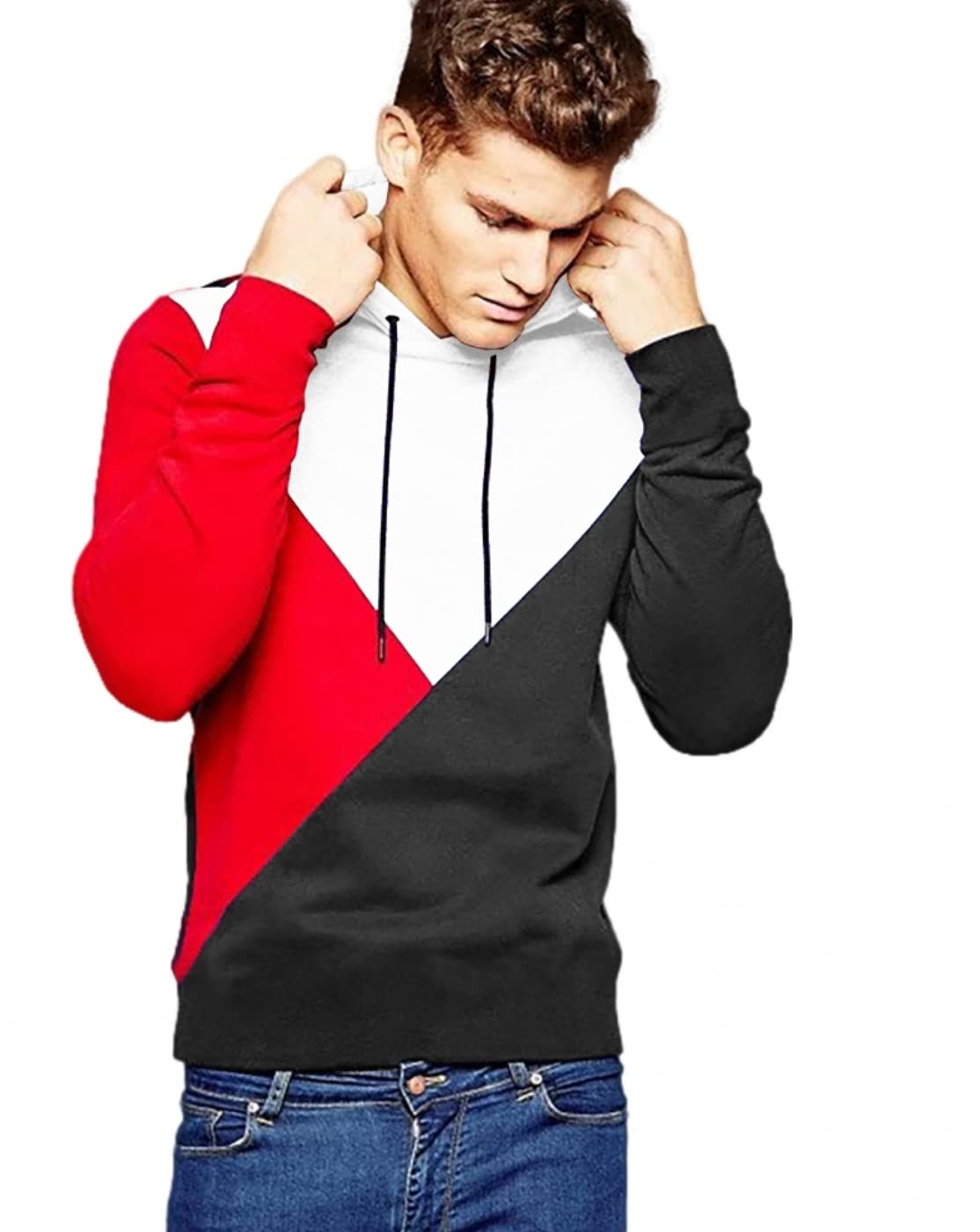 Noble Monk MenS Hooded Neck Full Sleeves Regular Fit Colorblocked T-Shirt Black White Red