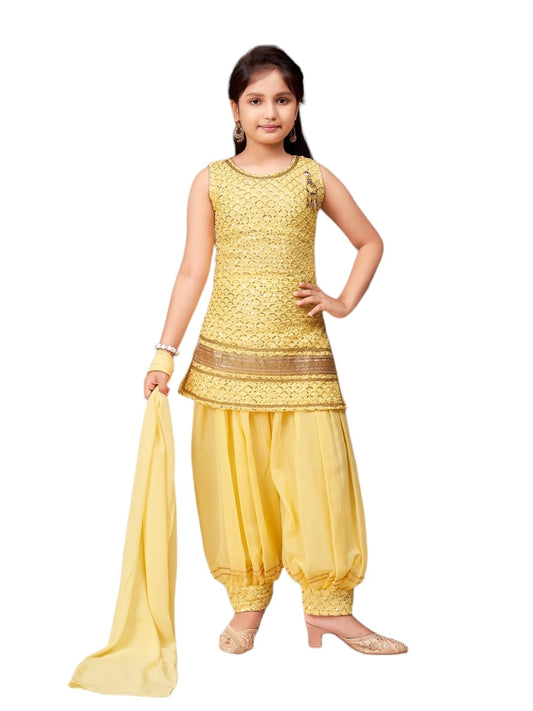 Aarika Girls Ethnic Wear Yellow Colour Sequin Embroidery Lace Work Georgette Kurti Patiala Set (10-15 Years)