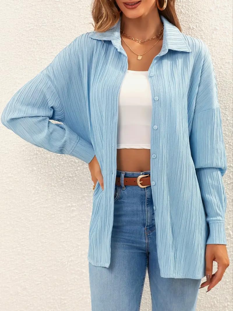 CB-COLEBROOK Womens Textured Loose Fit Button Down Shirt (WO-1035_Light Blue
