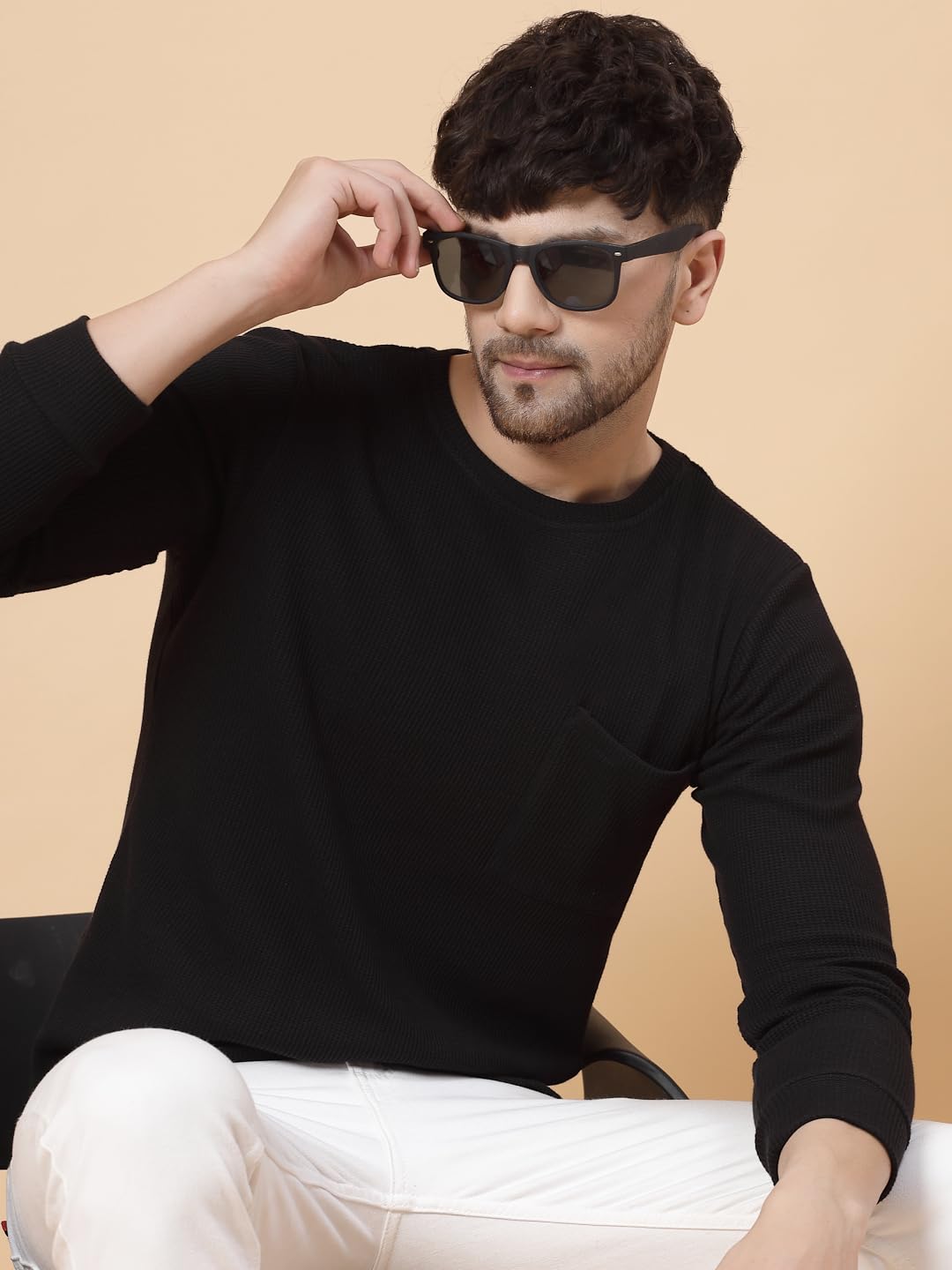 Rigo Full Sleeves Round Neck T-Shirts for Men | Waffle Knit Regular Fit Solid T-Shirt for Men | Casual T-Shirts for Men Black