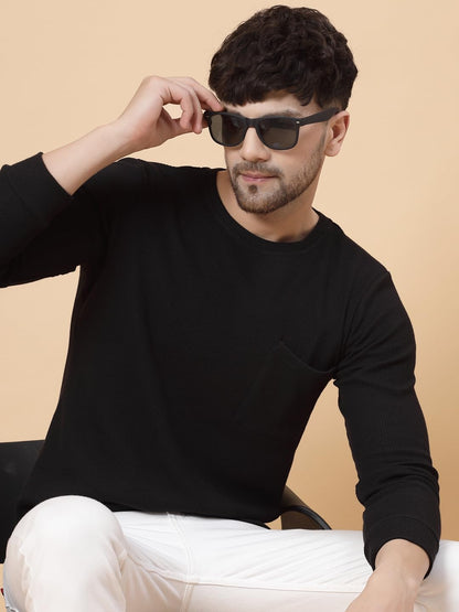 Rigo Full Sleeves Round Neck T-Shirts for Men | Waffle Knit Regular Fit Solid T-Shirt for Men | Casual T-Shirts for Men Black