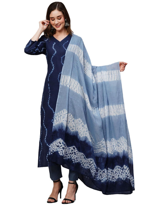 ANNI DESIGNER Women's Cotton Blend Staright Printed Kurta with Pant & Dupatta (Urmila Blue)