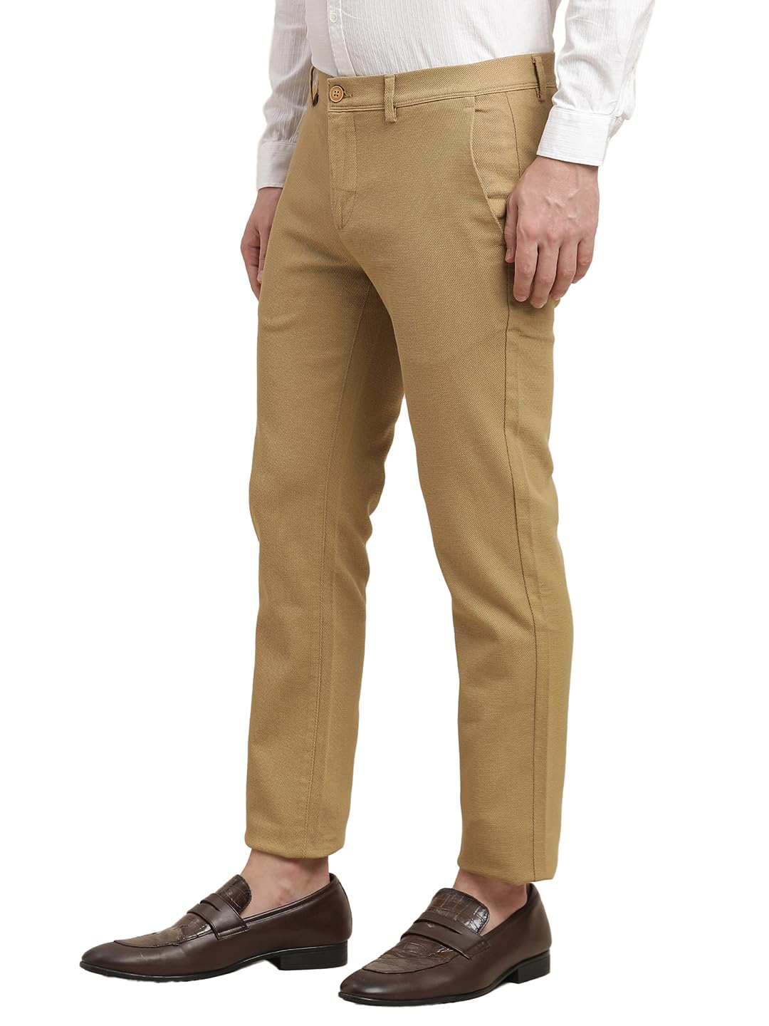Turtle Men Cotton Stretch Dark Beige Dobby Printed Ultra Slim Fit Casual Trouser