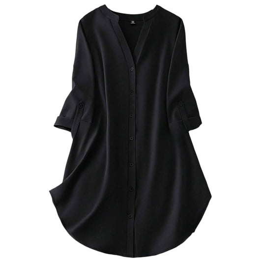 Gufrina WomenS Rayon Top With 3/4Th Sleeves Mandarin Collar Neck Solid Pattern A Line Style Knee-Length And Regular Fit Black