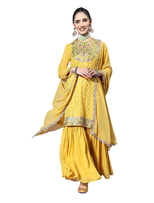 ishin Women's Georgette Mustard Embroidered A-Line Style Back Kurta Set with Sharara and Dupatta