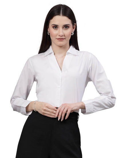 Style Quotient Women White Classic V-Neck Formal Shirt