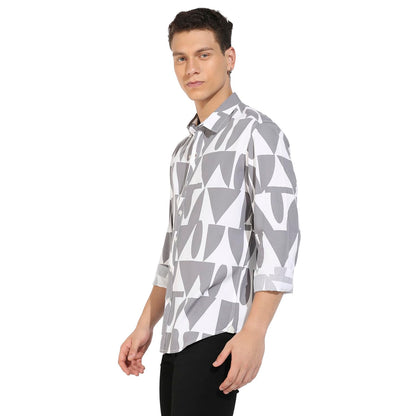 Campus Sutra Mens Dark Grey & White Abstract Block Shirt for Casual Wear | Spread Collar | Long Sleeve | Button Closure | Heavy