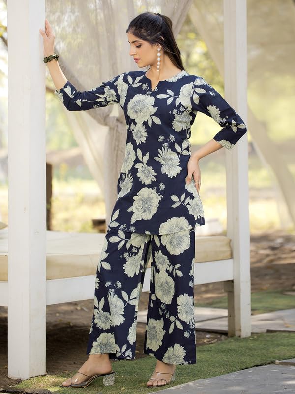 Tee Projekt Cotton Ethnic Wear Co Ord Set For Women | Festive Co Ord Set For Women Navy Blue