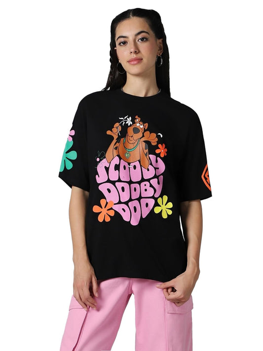Bewakoof Official Scooby Doo Merchandise Womens Graphic Print Oversized Fit Half Sleeve Round Neck Cotton Plus Size T-Shirt_599