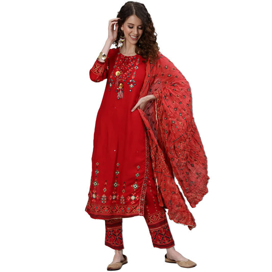 ishin Women's Viscose Rayon Embroidered Mirror Work Red Geometric Print Straight Kurta suit set With Dupatta & Trouser