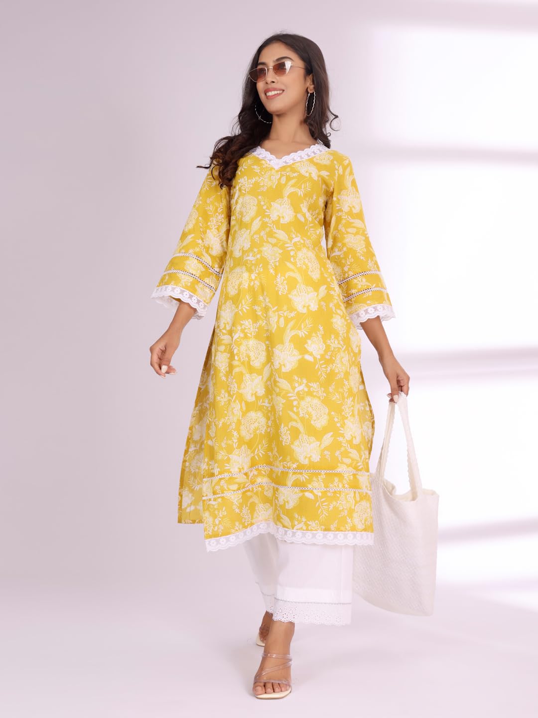 Varanga Women Ethnic Floral Printed Flared Sleeve Kurta Yellow