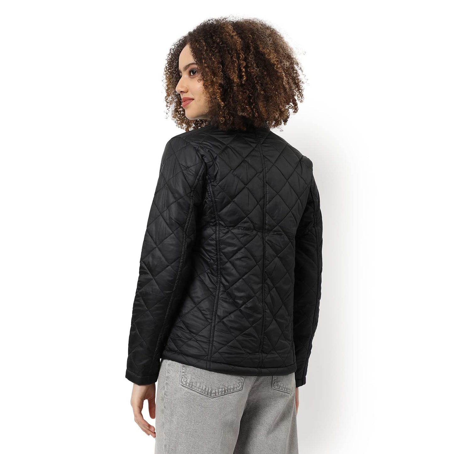 Campus Sutra Women Black Quilted Regular Fit Bomber Jacket For Winter Wear | Standing Collar | Full Sleeve | Zipper | Casual Jac