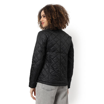 Campus Sutra Women Black Quilted Regular Fit Bomber Jacket For Winter Wear | Standing Collar | Full Sleeve | Zipper | Casual Jac