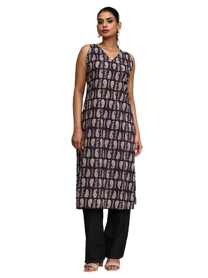 Varanga Women Paisley Printed V Neck Sleeveless Kurta Purple