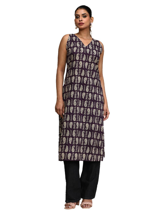 Varanga Women Paisley Printed V Neck Sleeveless Kurta Purple