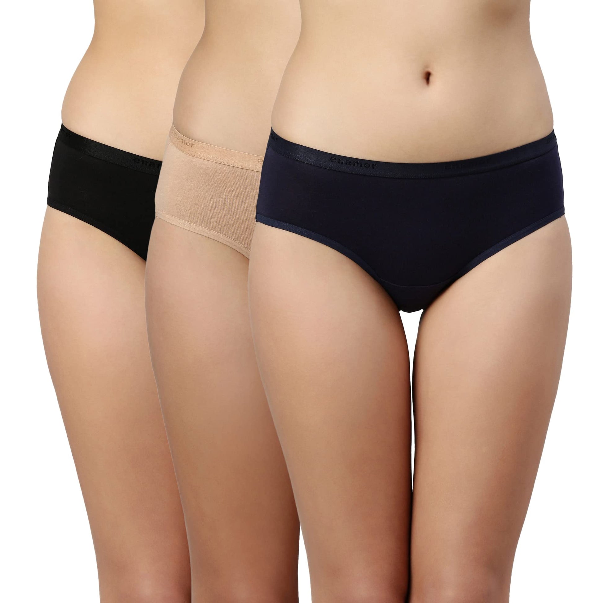 Enamor CR02 Stretchable Cotton Hipster Panties For Women Pack Of 3, Full Coverage, Grip Fit With Antimicrobial & Stain Release T