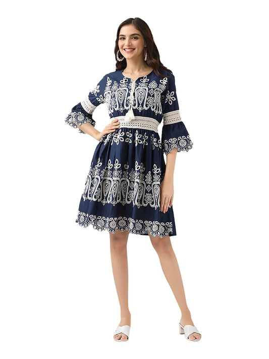 Ishin Schiffli Pure Cotton A-Line Dress Navy Blue