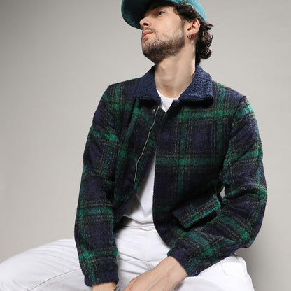 Campus Sutra Mens Navy Blue & Green Tartan Plaid Jacket With Fleece Collar For Casual Wear | Spread Collar | Long Sleeve | Zipp