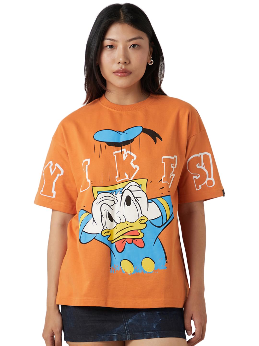 Bewakoof Heavy Duty 1.0 Official Disney Merchandise Donald Duck Women Graphic Print Oversized Fit Half Sleeve Round Neck Teryy T