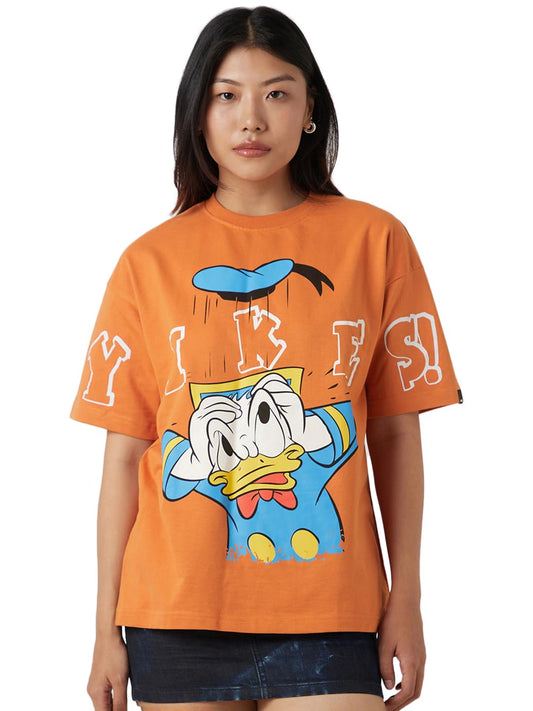Bewakoof Heavy Duty 1.0 Official Disney Merchandise Donald Duck Women Graphic Print Oversized Fit Half Sleeve Round Neck Teryy T