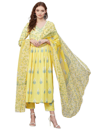 Gosriki WomenS Rayon Anarkali Printed Kurta With Pant & Dupatta (Renu-Yellow-Gs_S_Yellow_Small)