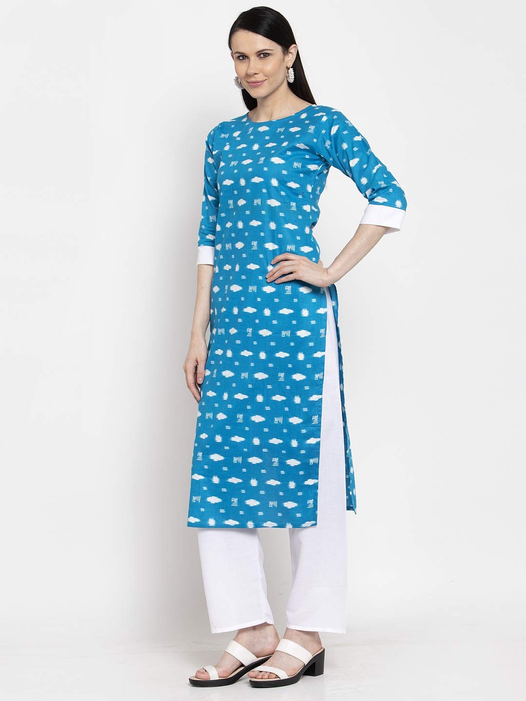GoSriKi Women's Blue Cotton Straight Kurta with Plazzo (ARIA Blue)